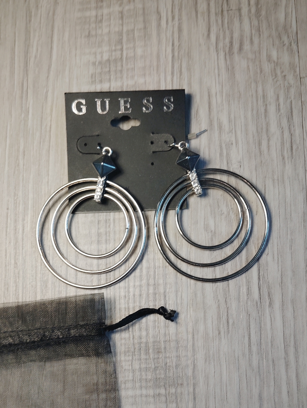 GUESS Silver Multi-Ring Dangle Earrings with Crystal Accents